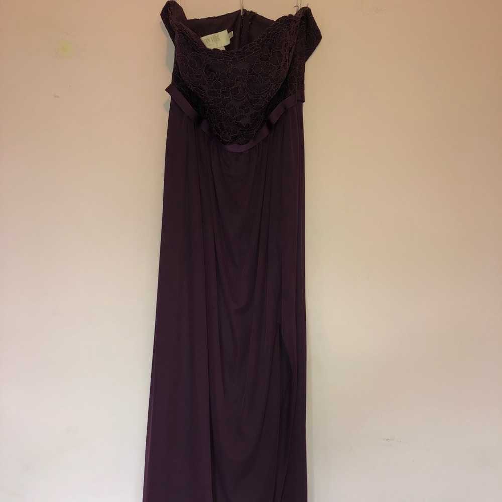 Bridal dress, deep plum, strapless lace top detail